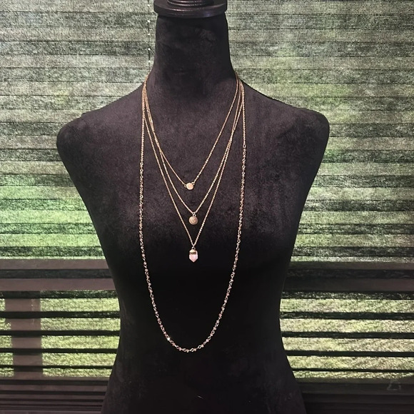 Layered Four Chain Tiny Stone & Stamped Metal Pendent Necklace - Picture 3 of 6